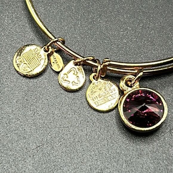 Alex and Ani Expandable Coppure Gold Charm Bangle Bracelet Purple Glass Stone - Picture 3 of 4